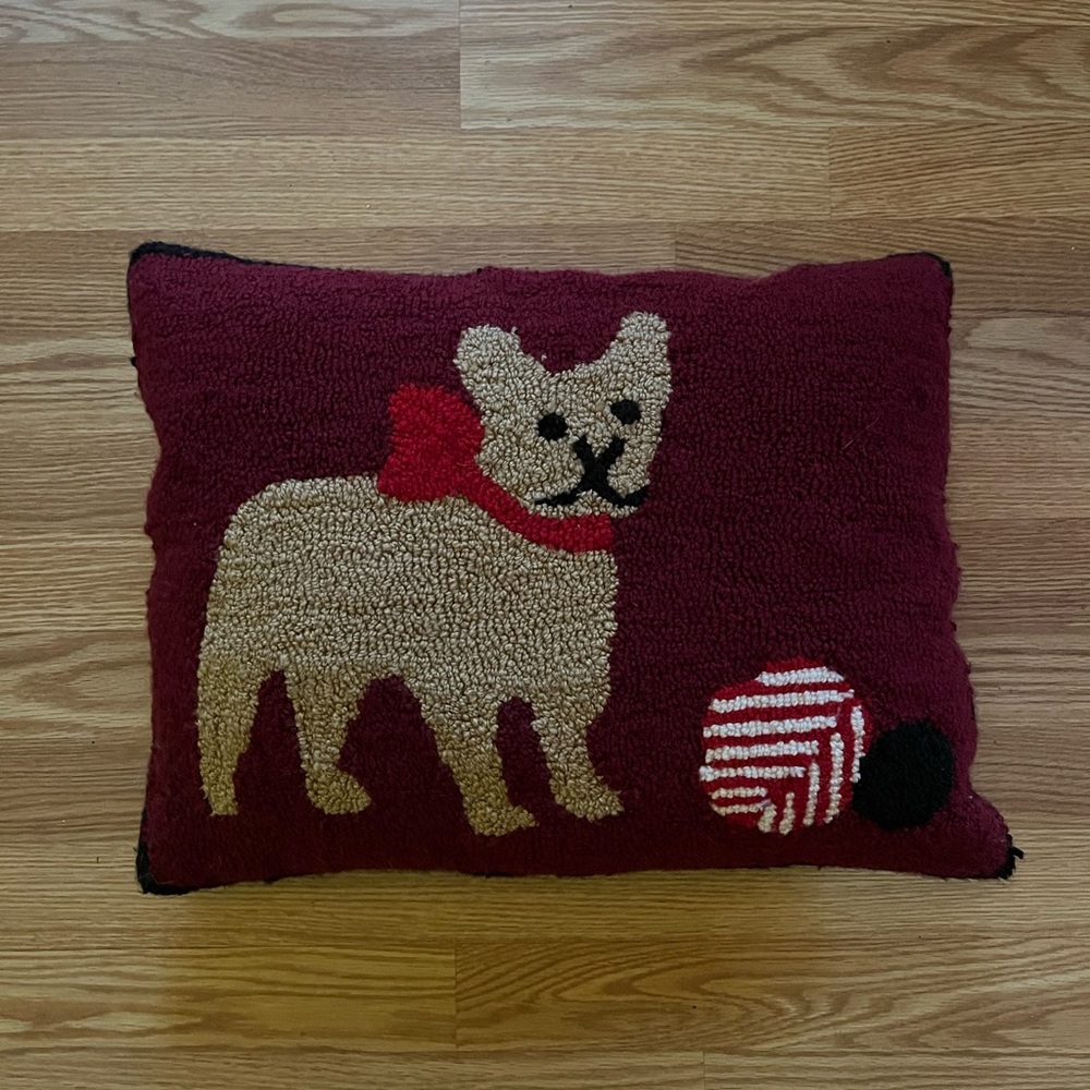 Holiday French Bull Dog latch hook pillow